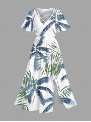 Robe mi-longue hawaïenne fendue à imprimé tropical feuille de cocotier, grande taille - Bleu L