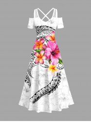 Plus Size Hibiscus Flowers Print Cold Shoulder Crisscross Hawaii Maxi Dress -  