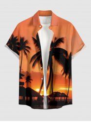 Plus Size Coconut Tree Ombre Dusk Sunset Print Hawaii Button Pocket Shirt For Men -  