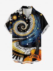 Plus Size Piano Music Symbol Spiral Galaxy Guitar Print Hawaii Button Pocket Shirt For Men -  