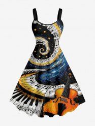 Plus Size Piano Music Symbol Spiral Galaxy Guitar Print Hawaii A Line Dress - Noir L