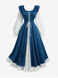 Plus Size Grommets Lace Up Ruched Ruffles Poet Sleeves Dress -  