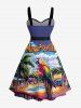 Coconut Tree Parrot Resort Area Juice Print Hawaii Button A Line Dress with Removable Belt -  