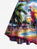 Coconut Tree Parrot Resort Area Juice Print Hawaii Button A Line Dress with Removable Belt -  