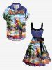 Coconut Tree Parrot Resort Area Juice Print Hawaii Button A Line Dress with Removable Belt -  