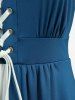 Plus Size Grommets Lace Up Ruched Ruffles Poet Sleeves Dress -  