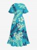 Robe midi trapèze grande taille à imprimé floral tropical et hibiscus, style hawaïen, avec poches fendues - Turquoise 3X