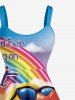 Plus Size Duck Flower Ombre Rainbow Letter Print Hawaii A Line Dress - Jaune 4X