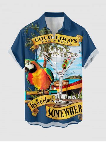 Coconut Tree Parrot Seascape Print Hawaii Button Pocket Shirt For Men