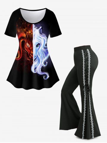 Ensemble grande taille composé d'un t-shirt à imprimé licorne pailleté et d'un pantalon évasé bicolore à lacets sur les côtés - BLACK