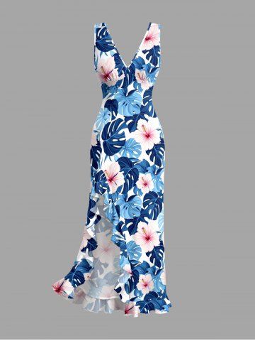 Tropical Leaf Hibiscus Flower Print Hawaii Ruffles Split Dress - BLUE - XXL