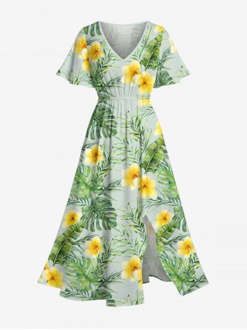 Robe midi trapèze grande taille à imprimé floral tropical et hibiscus, style hawaïen, avec poches fendues - GREEN - 6X