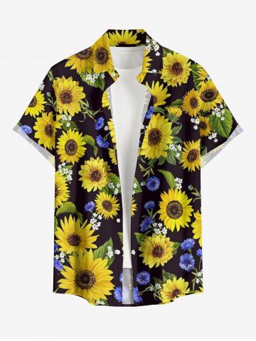 Plus Size Sunflower Print Hawaii Button Pocket Shirt For Men - YELLOW - L