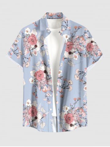 Plus Size Flowers Print Buttons Pocket Hawaii Shirt For Men