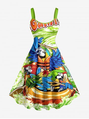 Robe trapèze hawaïenne à imprimé perroquet et vagues, grande taille - GREEN - 6X