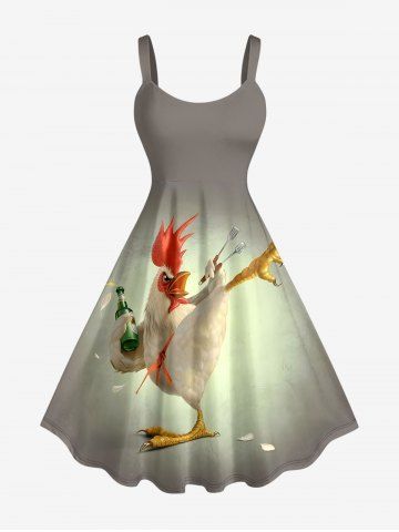 Plus Size Kung Fu Rooster Beer Print Hawaii Tank Dress - OLIVE GREEN - 4X