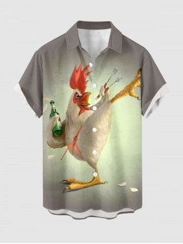 Chemise hawaïenne grande taille pour homme, imprimée coq kung-fu et bière, avec boutons et poche.