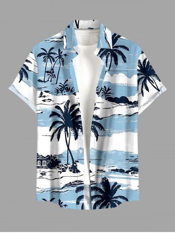 Chemise hawaïenne grande taille pour homme, imprimée cocotiers et nuages, paysage marin, boutons et poche. - LIGHT BLUE - 5XL