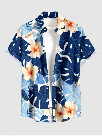 Plus Size Tropical Leaf Hibiscus Flower Print Hawaii Button Pocket Shirt For Men - BLUE - L