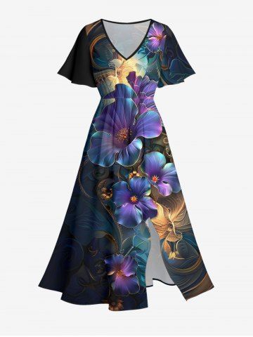 Plus Size Hibiscus Flower Leaf Metallic Print Surplice Hawaii Midi Dress - BLACK - XXS