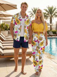 Ensemble de plage hawaïen assorti grande taille à imprimé fleurs de papaye pour couples - Jaune 