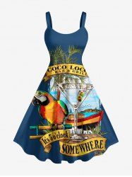 Robe trapèze grande taille imprimée cocotier et perroquet paysage marin hawaïenne - Bleu profond 6X