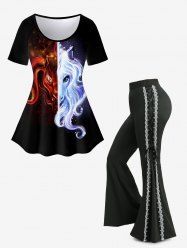 Ensemble grande taille composé d'un t-shirt à imprimé licorne pailleté et d'un pantalon évasé bicolore à lacets sur les côtés - Noir 