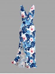Robe hawaïenne à imprimé floral d'hibiscus et feuilles tropicales, fendue et à volants, style hawaïen - Bleu S