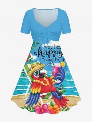 Robe hawaïenne grande taille à imprimé floral hibiscus et fruit du perroquet, cintrée - Bleu Ciel 3X