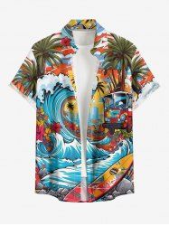 Chemise hawaïenne grande taille pour homme, à motifs vagues, cocotiers, fleurs, bus et soleil, avec boutons et poche. - Bleu Ciel 6XL