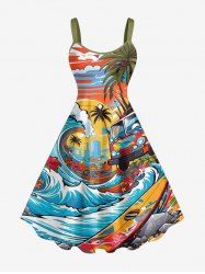 Robe débardeur hawaïenne grande taille à imprimé vagues, cocotiers, fleurs, bus et soleil - Bleu Ciel L