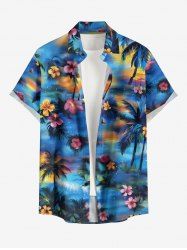 Chemise hawaïenne grande taille pour homme, imprimée de fleurs de cocotiers, avec boutons et poche. - Bleu Ciel L