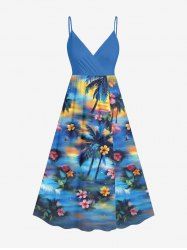 Coconut Tree Flowers Print Surplice Hawaii Cami Dress -  