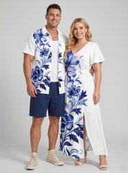 Flower Leaf Branch Print Plus Size Matching Hawaii Beach Outfit For Couples -  