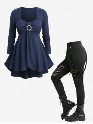 Haut texturé à manches longues et ourlet tulipe froncé et leggings patchwork en résille ajourée à motif tête de mort - Tenue grande taille - Bleu profond 