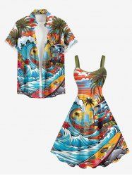 Tenue de plage hawaïenne assortie grande taille pour couples, avec imprimé vagues, cocotiers et fleurs de bus et soleil - Bleu Ciel 