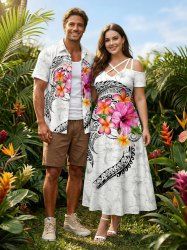 Ensemble de plage hawaïen assorti grande taille à imprimé fleurs d'hibiscus pour couples - Blanc 