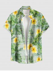 Plus Size Tropical Leaf Hibiscus Flower Print Hawaii Button Pocket Shirt For Men -  