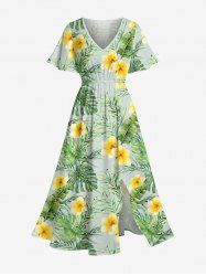 Robe midi trapèze grande taille à imprimé floral tropical et hibiscus, style hawaïen, avec poches fendues - Vert 3X