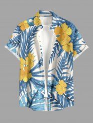 Plus Size Tropical Leaf Hibiscus Flower Print Hawaii Button Pocket Shirt For Men -  