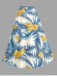 Jupe trapèze fendue hawaïenne à imprimé floral tropical et feuilles d'hibiscus grande taille - Bleu Poudre 6X