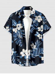 Plus Size Hibiscus Flowers Leaf Print Buttons Pocket Hawaii Shirt For Men -  