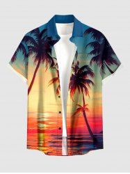 Plus Size Coconut Tree Sea Ombre Dusk Sunset Print Hawaii Button Pocket Shirt For Men -  