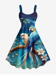 Robe hawaïenne grande taille à imprimé fleurs, perroquets et branches d'arbres - Bleu profond XS