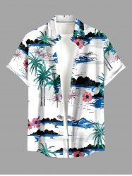 Chemise hawaïenne grande taille pour homme, imprimé fleurs de cocotiers et montagnes, boutons et poche. - Blanc S