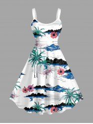 Plus Size Coconut Tree Flowers Mountain Print Hawaii Tank Dress -  