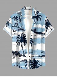 Chemise hawaïenne grande taille pour homme, imprimée cocotiers et nuages, paysage marin, boutons et poche. - Bleu clair 4XL