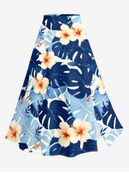 Jupe trapèze fendue hawaïenne à imprimé floral tropical et feuilles d'hibiscus grande taille - Bleu 5X