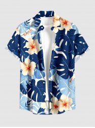 Plus Size Tropical Leaf Hibiscus Flower Print Hawaii Button Pocket Shirt For Men -  