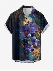 Hibiscus Flower Leaf Metallic Print Buttons Pocket Hawaii Shirt For Men -  
